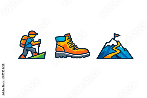 Hiking Icons: Climber, Boot, and Mountain Summit