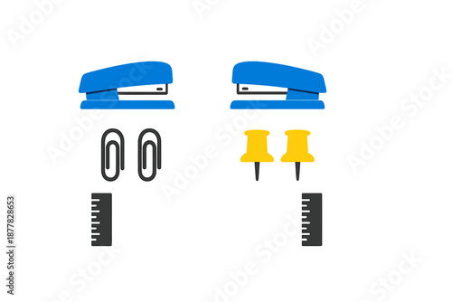 Office supplies: stapler, paper clips, push pins, and ruler