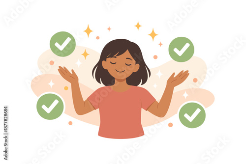 Woman with checkmarks indicating task completion and success
