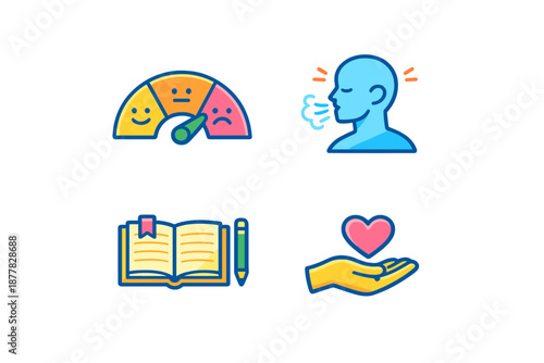 Set of icons: emotional meter, breathing, book, and helping hand