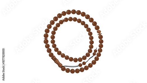 Brown wooden prayer beads arranged in a circular pattern