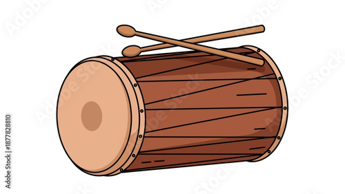 Traditional wooden drum with drumsticks on a white background