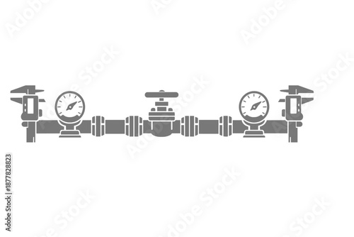 Industrial pipe system with pressure gauges and caliper