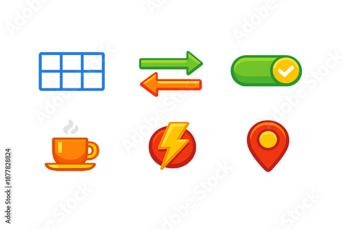 Set of six bright digital icons with glowing effects