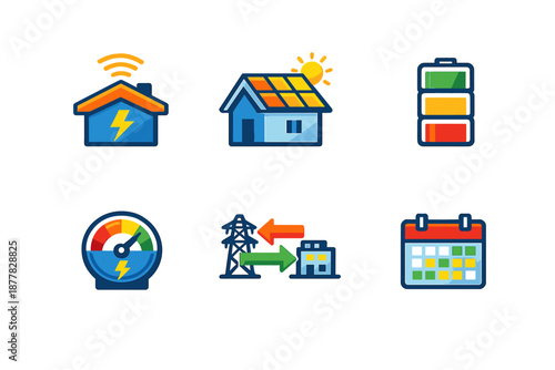 Smart energy icons: house, solar, battery, meter, grid, calendar