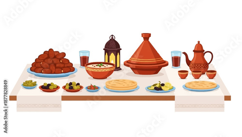 Traditional Moroccan Feast with Tagine and Tea on Table