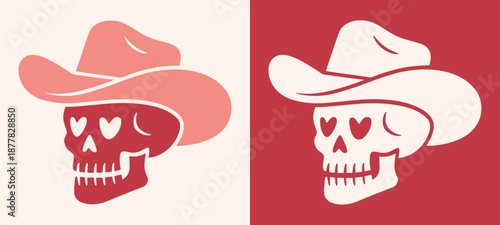 Skull with heart shaped eyes wearing cowboy hat funny cowgirl dark romance Valentine's Day drawing. Girly country theme retro pink red preppy gothic western wild west aesthetic sticker flat design.
