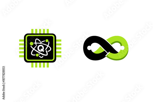 Quantum computing and infinity loop icons with neon glow