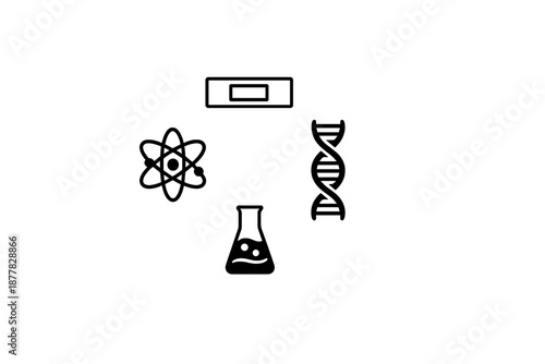 Science icons: atom, DNA, flask, and a rectangle