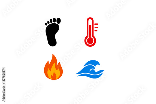 Four elemental icons: fire, water, thermometer and smoke
