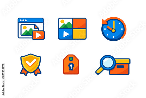 Collection of Modern Flat Icons with Neon Glow Effect