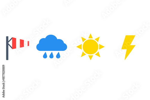 Weather icons: windsock, rain cloud, sun, lightning
