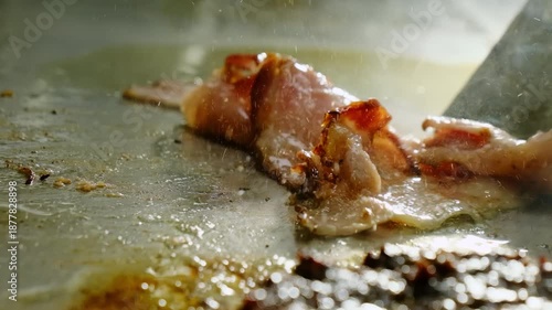 Chef uses sturdy metal spatula to gently stir sizzling slices of bacon. Cook focuses on achieving perfect texture of bacon. Slow motion