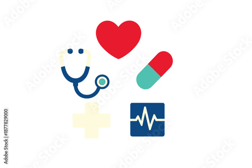 Medical healthcare symbols: stethoscope, heart, pill, cross, heart