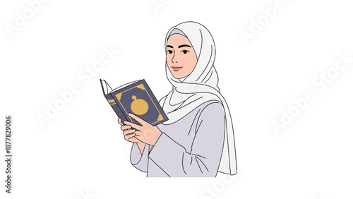 Illustration of a Woman in Hijab Reading a Book on White Background