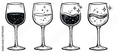 Hand drawn line art wine glass set featuring glasses with red and white wines and sparkle effects for celebration and beverage design