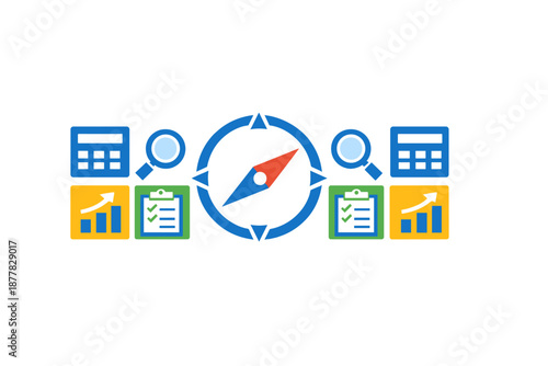 Business strategy icons with compass and data visualization