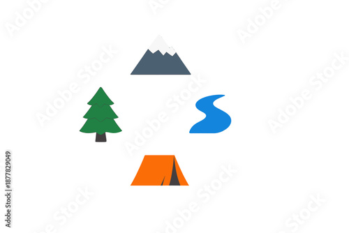 Nature elements: mountain, tree, river, and tent