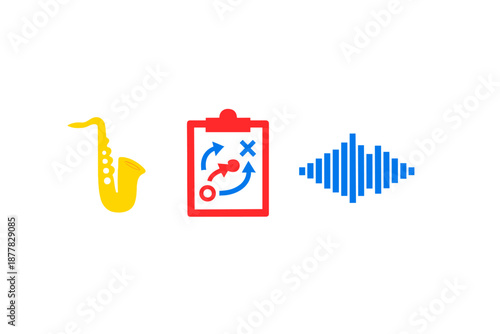 Saxophone, Strategy Board, and Sound Wave Icons with Neon Glow