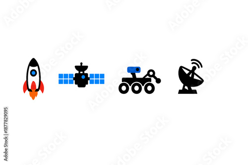 Space exploration icons: rocket, satellite, rover, and antenna