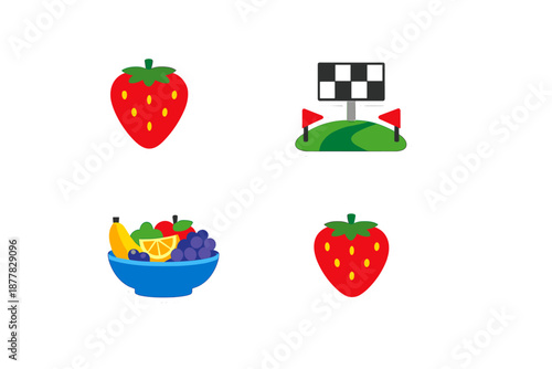 Cartoon fruits and race track icons on a gray background