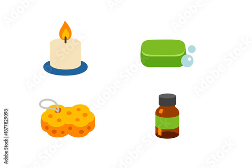 Spa and relaxation items: candle, soap, sponge, and essential oil