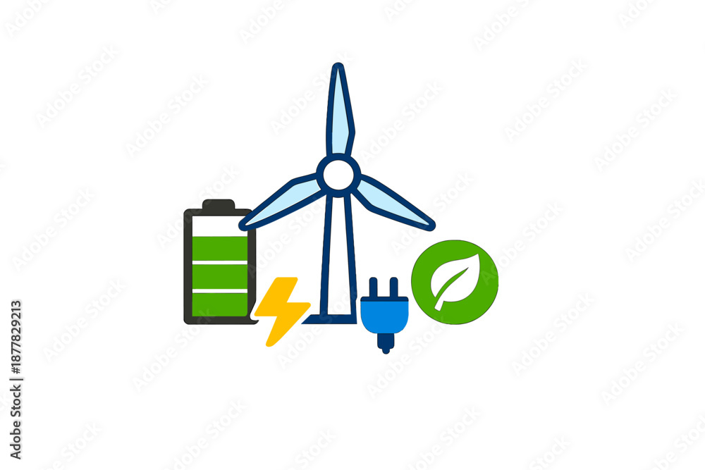 Fototapeta premium Renewable energy symbols: wind turbine, battery, leaf, and plug
