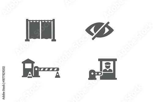 Security and privacy icons: checkpoint, booth, barrier, and eye symbol