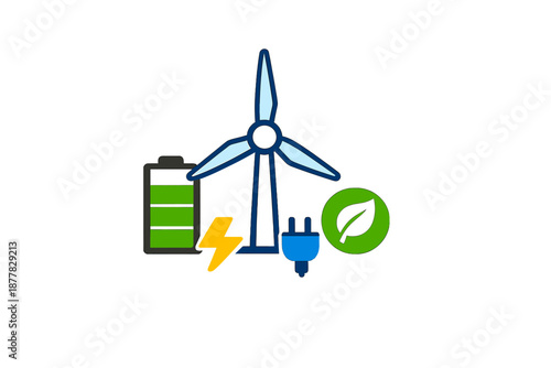 Renewable energy symbols: wind turbine, battery, leaf, and plug