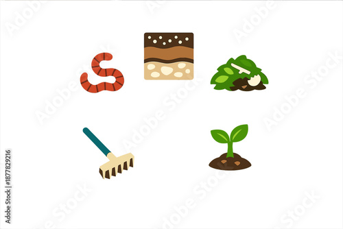 Gardening icons: earthworm, soil layers, rake, plant sprout and bush