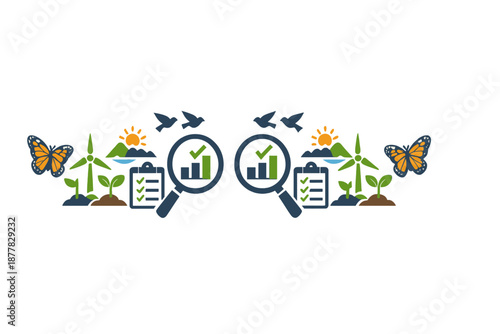 Eco-friendly analysis and research icons with butterflies and nature
