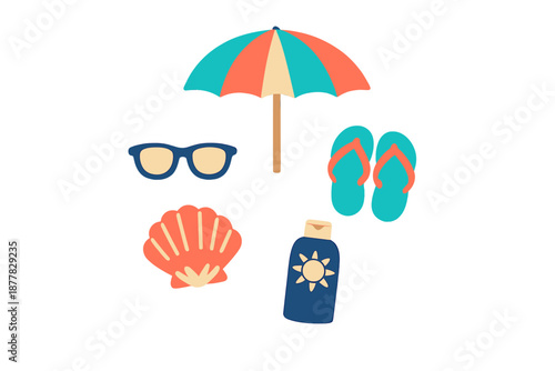 Summer vacation essentials: umbrella, sunglasses, flip-flops, shell