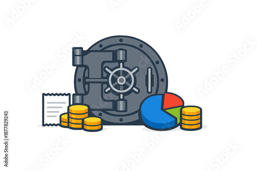 Vault and financial symbols: coins, chart, and receipt