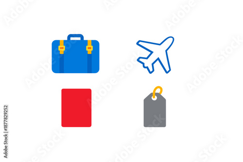 Travel icons: suitcase, airplane, tag, and red square