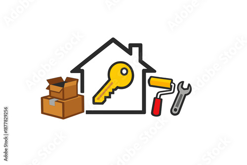Real estate concept with house, key, moving boxes and tools