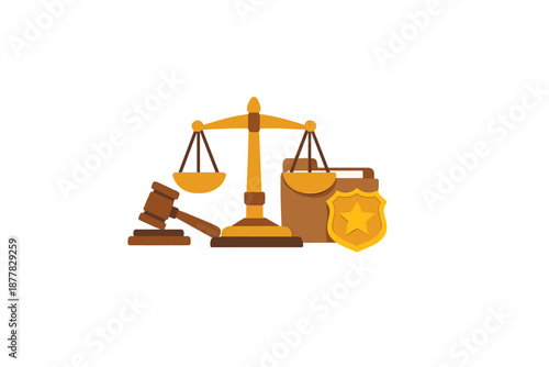 Justice and Law Symbols: Scales, Gavel, Folder, and Badge