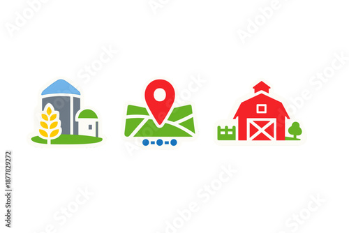 Farm icons: silo, map, and barn