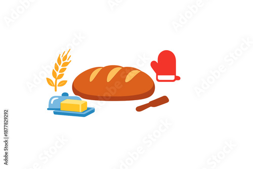 Fresh bread with butter, wheat, and oven mitt