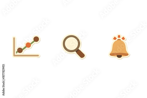 Set of three icons: graph, magnifying glass, and bell