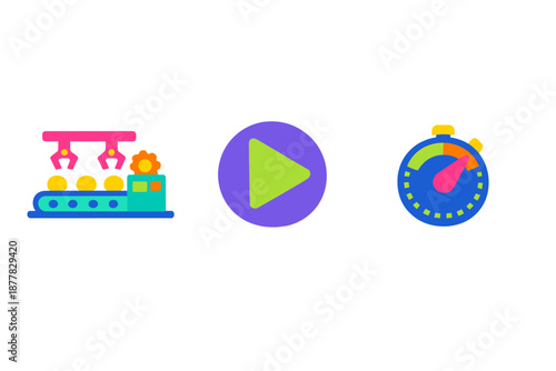 Flat design icons for manufacturing, play button, and stopwatch