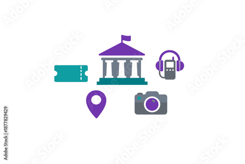 Museum icons and symbols connected by glowing lines