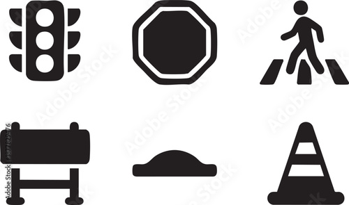 Collection of black traffic and safety including traffic light stop sign pedestrian crossing cone and barrier
