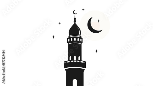 Silhouette of Mosque Minaret with Crescent Moon and Stars