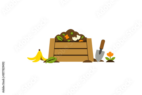 Compost bin with banana peel, garden shovel and flower
