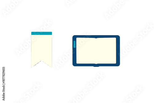 Digital bookmark and open ebook on a gradient background