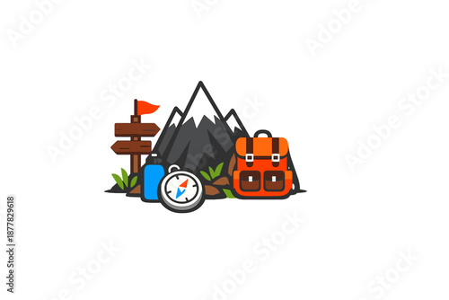 Hiking equipment and mountain scene illustration