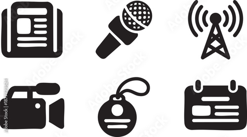 Collection of six black media and communication on white background broadcast