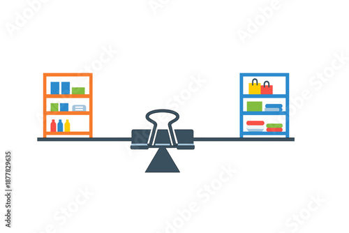 Balanced scale with shelves of items on each side