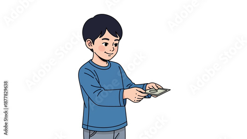 Smiling boy handing over money in casual outfit on white background