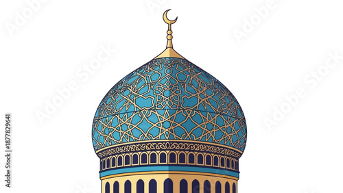 Intricate blue mosque dome with golden crescent on white background